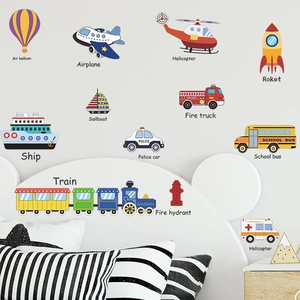 Cartoon transport wall stickers with cars and planes for kids room decor on white walls