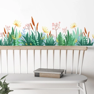 Cartoon green grass and flower baseboard wall sticker for kids room nursery decor