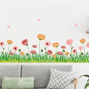 Floral baseboard wall stickers featuring pink and orange flowers for living room decor