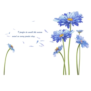 Close-up of blue daisy wall decals with delicate petals and elegant English poetry text
