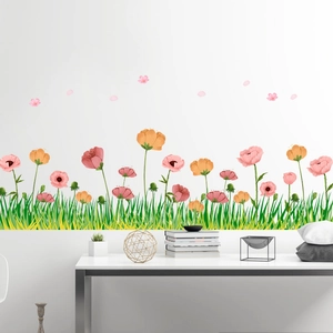 Floral garden baseboard wall decal with pink flowers and green grass for home decoration