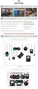 Size chart showing dimensions for PVC game controller wall stickers 140x80cm