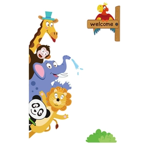 Detail view of colorful cartoon animal wall stickers featuring giraffe and elephant
