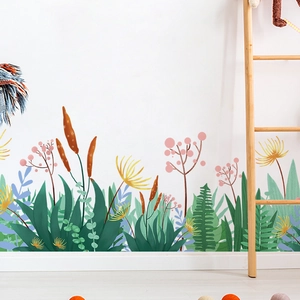 Cartoon garden floral wall stickers with green leaves and pink berries for nursery decor