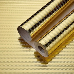 Gold Aluminum Foil Kitchen Oil Proof Sticker PET Self Adhesive Wall Decal For Cabinet Drawer Home Decor Modern Stripe Pattern
