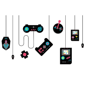 Detailed retro gaming controller wall sticker design featuring joysticks and consoles