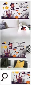 Detail of Halloween wall decals featuring cartoon witch, castle and pumpkin stickers
