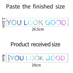 Detailed size specifications for iridescent YOU LOOK GOOD laser wall stickers