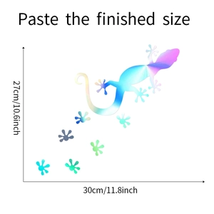 Macro view showing dimensions of holographic gecko wall sticker with laser rainbow finish