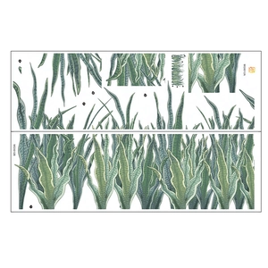 Flat lay of tropical Sansevieria plant wall stickers with hand-painted green leaves