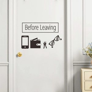 Before Leaving wall decal with phone, key, and wallet icons for home entryway decor
