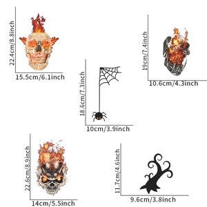 Detaillierte Größenmaße für Halloween-Wandaufkleber mit Totenkopf, Flammen und Spinnennetz