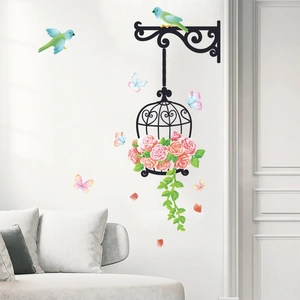 Cartoon bird cage wall sticker with pink roses and butterflies for home decor