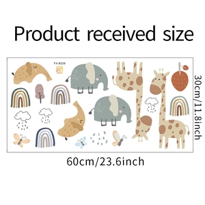 Detailed sheet of cartoon giraffe and elephant wall stickers with precise size measurements