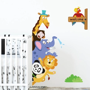 Colorful cartoon animal wall stickers with giraffe, elephant and panda for kids nursery