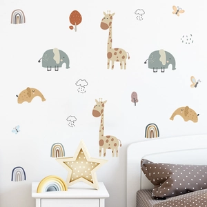 Cartoon Giraffe Elephant Rainbow Wall Stickers For Kids Room Morandi Color PVC Nursery Decorative Wall Decals For Bedroom