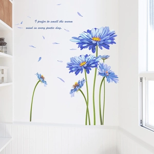 Blue daisy wall stickers with poetic text for modern living room home decoration