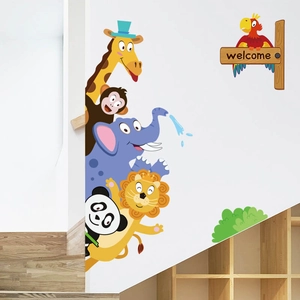 Cartoon jungle animals wall decals with giraffe, lion and elephant for nursery decor