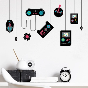 Retro pixel art wall decals featuring game controllers and consoles for gamer room decor