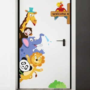 Cartoon animal wall stickers featuring giraffe and elephant for kids room door decor