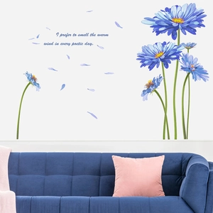 Blue daisy flower wall stickers with poetic quote for living room bedroom home decor