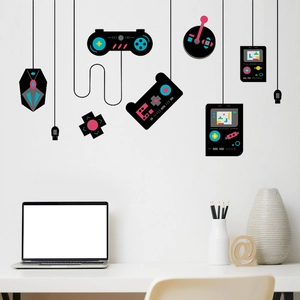 Retro gaming wall stickers featuring controllers and joysticks for gamer room decor