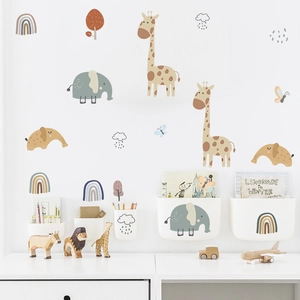 Cartoon giraffe and elephant wall stickers for nursery decor in Morandi colors