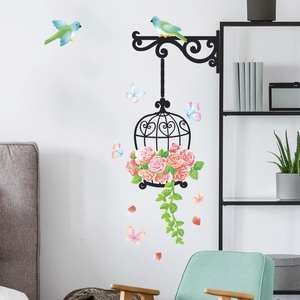 Self-adhesive wall stickers with birds, pink flower clusters and iron birdcages