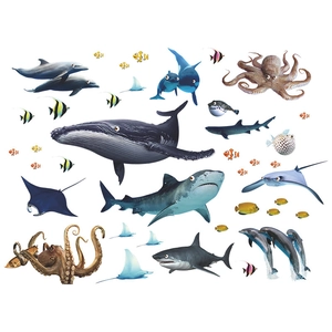 Detailed sheet of realistic sea animal wall stickers including whales, sharks and dolphins