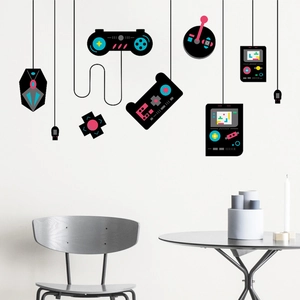 Retro video game controller wall decals featuring neon gaming console designs for room decor
