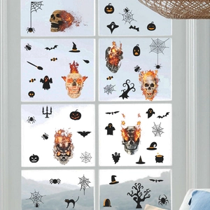 Halloween Fensterbilder Set mit Totenköpfen, Flammen und Fledermäusen für Deko