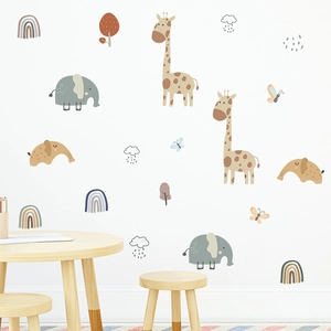 Nordic giraffe and elephant wall stickers for nursery decor in soft morandi colors