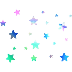 Holographic laser PET star wall stickers with colorful rainbow gradient effect on white background