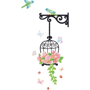 Cartoon birdcage and pink roses wall sticker for nursery home decor with birds and butterflies