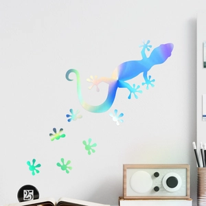 Laser holographic gecko wall sticker with rainbow effect and footprint decals for home DIY decor