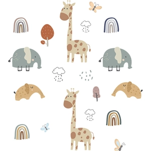 Cartoon giraffe and elephant wall decals with rainbows for children's bedroom decor