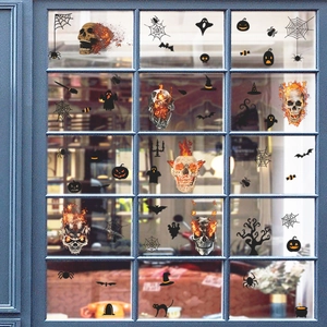 Halloween Fensteraufkleber mit flammenden Totenköpfen, Fledermäusen und Spinnen für Deko