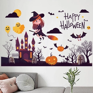 Halloween wall sticker set featuring a witch, castle, and pumpkins in a living room