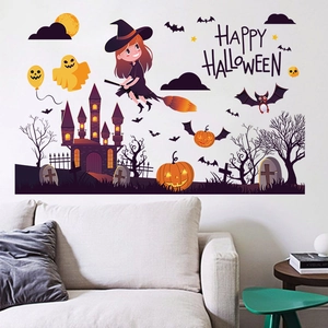 Halloween wall stickers featuring witch castle pumpkin and bats for window home decor