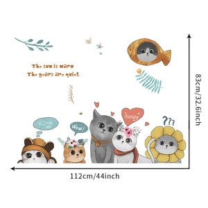 Detail view of cartoon cat wall stickers for kids rooms with 112cm x 83cm dimensions