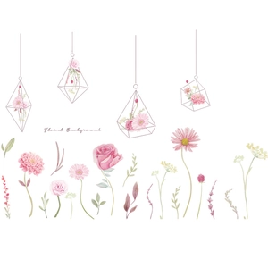 Detail of watercolor floral wall stickers featuring pink roses and hanging glass bottles