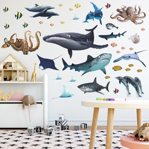 Ocean life wall decals with whales and dolphins for kids room and bathroom decoration