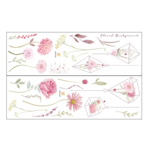 Detail of MG9122 watercolor floral wall decals with pink flowers and green leaves