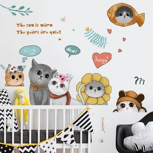 Hand Drawn Cartoon Cat Wall Stickers Removable PVC Self Adhesive DIY Animal Wall Decals For Kids Room Kindergarten Home Decor