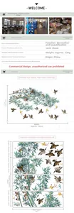 Detailed spec sheet for Chinese style bamboo and bird PVC wall decals set of 4