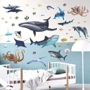 Realistic 3D ocean sea life wall stickers with whale shark and dolphin for kids room