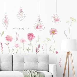 Watercolour Floral Wall Stickers PVC Romantic Flower Hanging Geometric Pendant Wall Decals For Living Room Bedroom Decor Removable Self Adhesive Mural