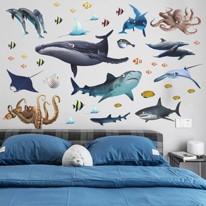 Realistic sea creatures wall stickers with whale shark octopus for kids room decor
