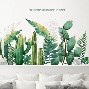 Tropical cactus wall stickers with green palm leaves for minimalist living room decor