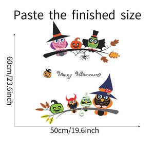 Close-up of Halloween owl wall sticker with dimensions showing 60cm height and 50cm width